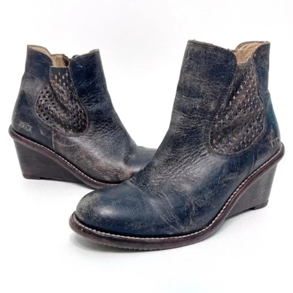 Bed Stu Dark Brown Distressed Leather Wedge Ankle Boots - Picture 3 of 9